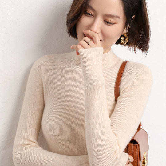 Damen Schlanker Feinstrick-Stehkragenpullover mit extrafeiner Rippenstruktur und Kaschmir‑Look Shop Nory