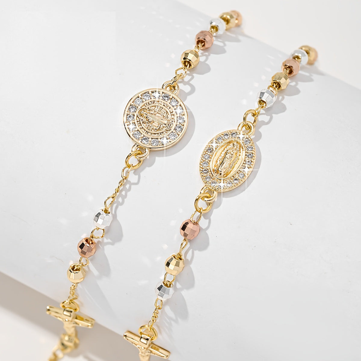 Filigranes Religiöses Armband mit Kreuz und Marienmedaille, Vergoldetes Edelstahl-Rosario
