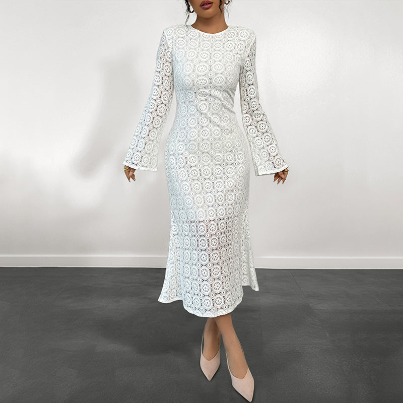 Damen Midikleid aus gehäkelter Spitze mit Trompetenärmeln Shop Nory