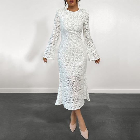 Damen Midikleid aus gehäkelter Spitze mit Trompetenärmeln Shop Nory