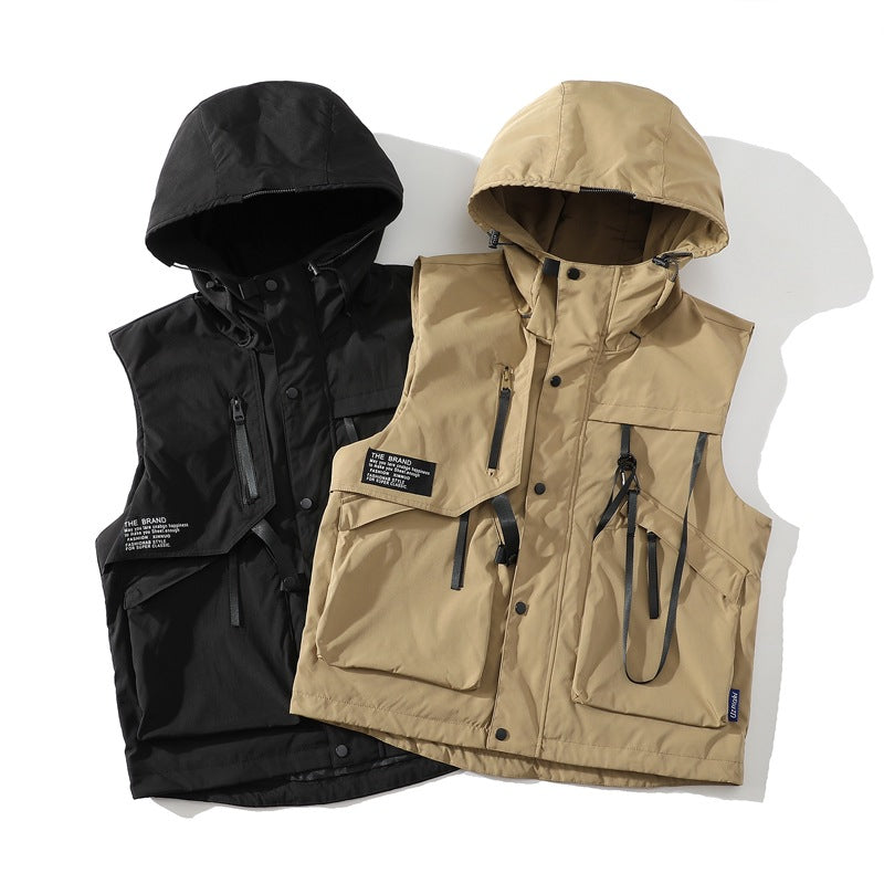 Herren funktionale Outdoor-Weste mit verstellbarem Kapuzendesign und vielseitigen Taschen Shopnory