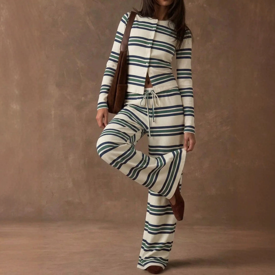 Damen Gestreiftes Strick-Lounge-Set mit tailliertem Knopfcardigan und weitem Palazzohose Shop Nory