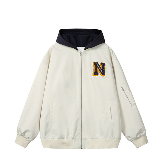 Unisex Boxy-Mehrlagige Bomberjacke mit integrierter Kapuze und Collegiate-Patch Shop Nory