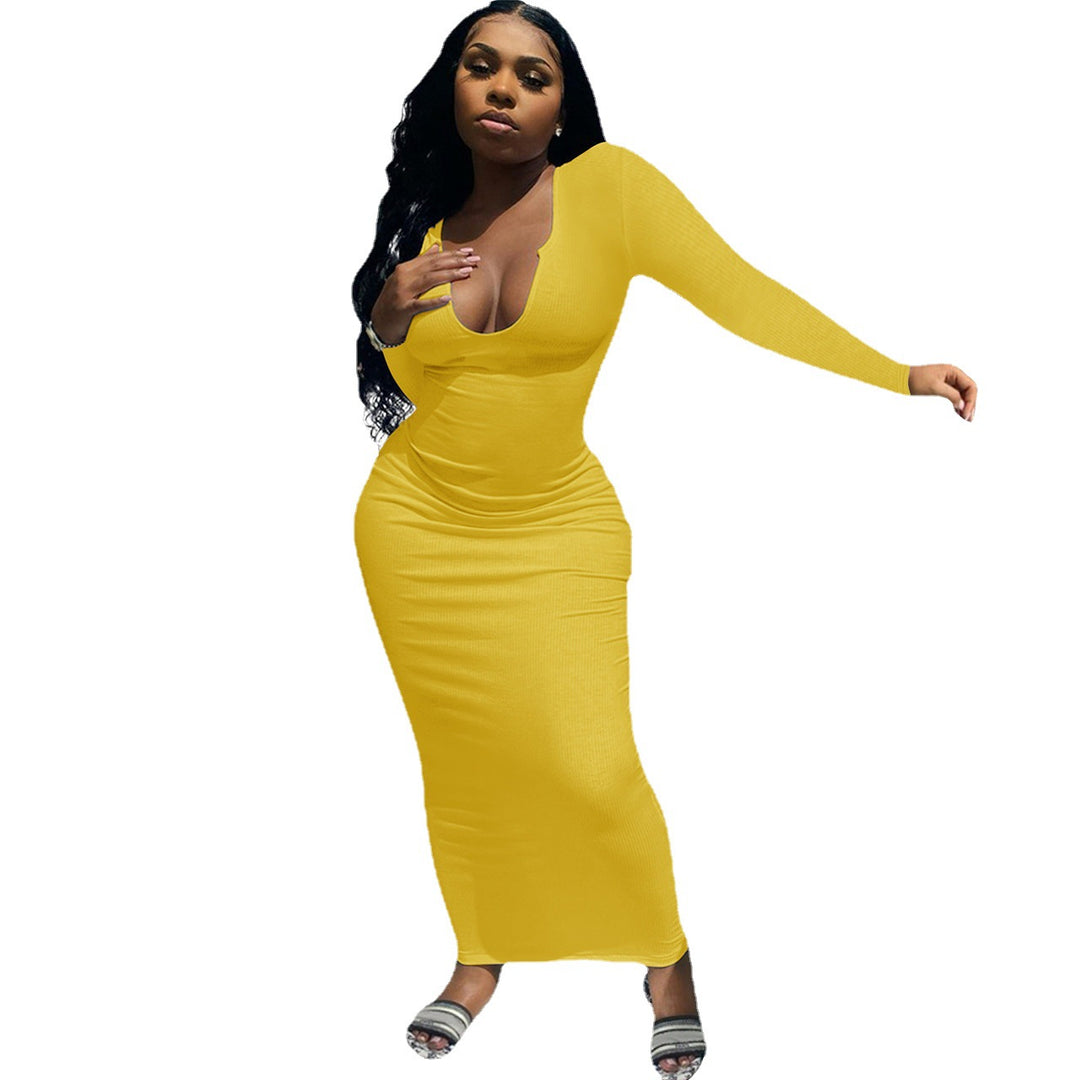 Damen Figurbetontes Rippenstrick-Maxikleid mit tiefem U-Ausschnitt und langen Ärmeln Shop Nory