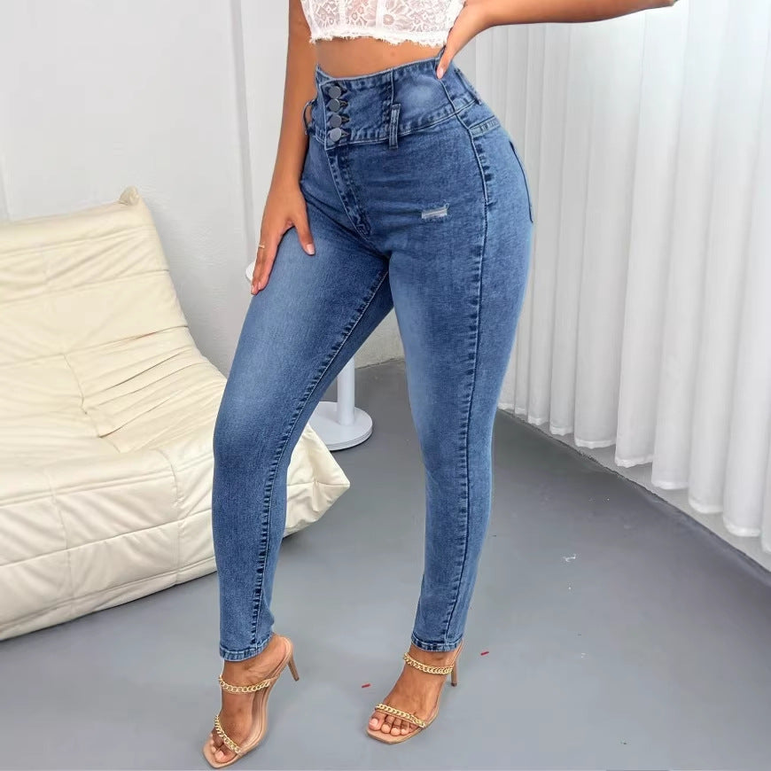 Damen Hochtaillierte Skinny-Jeans mit taillenformendem Mehrfachknopf und modellierender Seitennaht Shop Nory