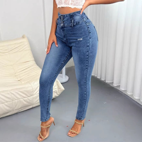 Damen Hochtaillierte Skinny-Jeans mit taillenformendem Mehrfachknopf und modellierender Seitennaht Shop Nory