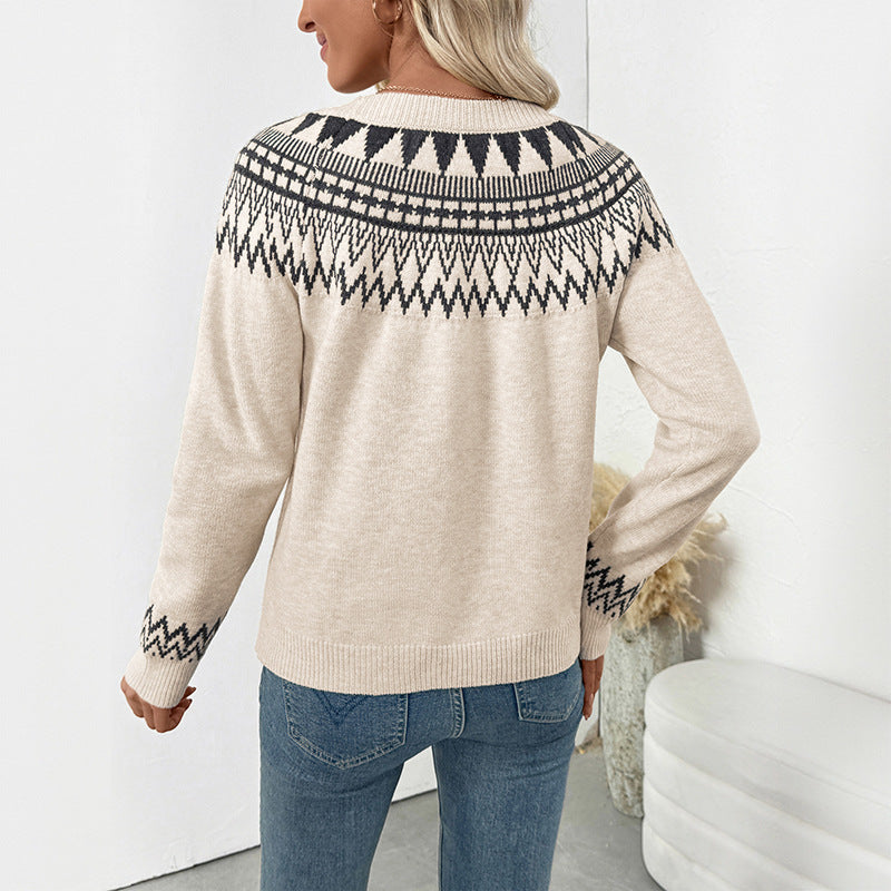 Damen Norweger-Statement Strickpullover mit Rundhalsausschnitt, Jacquard-Yoke und verlängerten Bündchen Shop Nory
