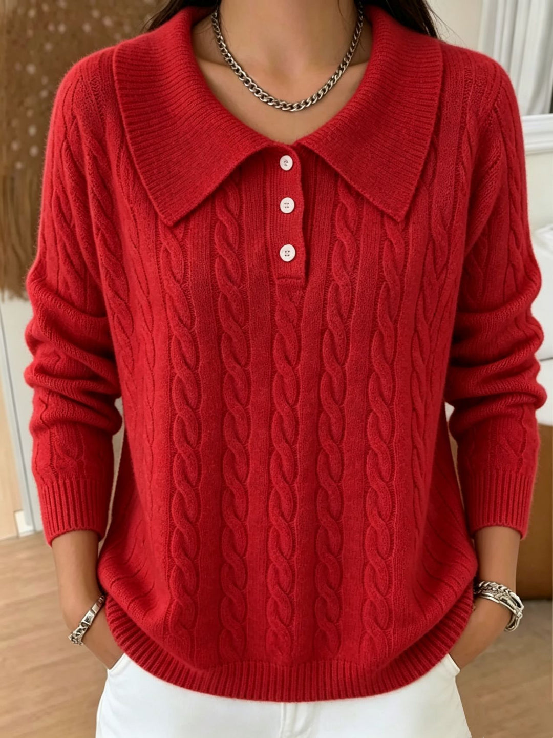 Damen Kabelstrick-Polo-Pullover mit großem Umlegekragen und lockerer Silhouette Shop Nory