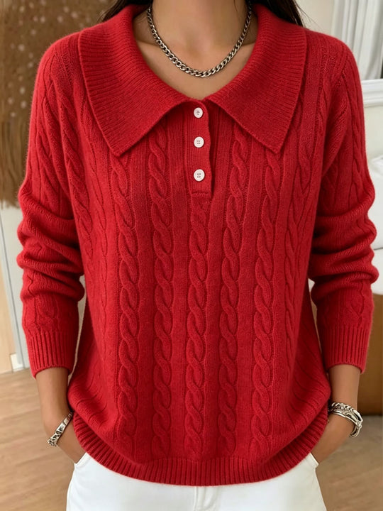 Damen Kabelstrick-Polo-Pullover mit großem Umlegekragen und lockerer Silhouette Shop Nory