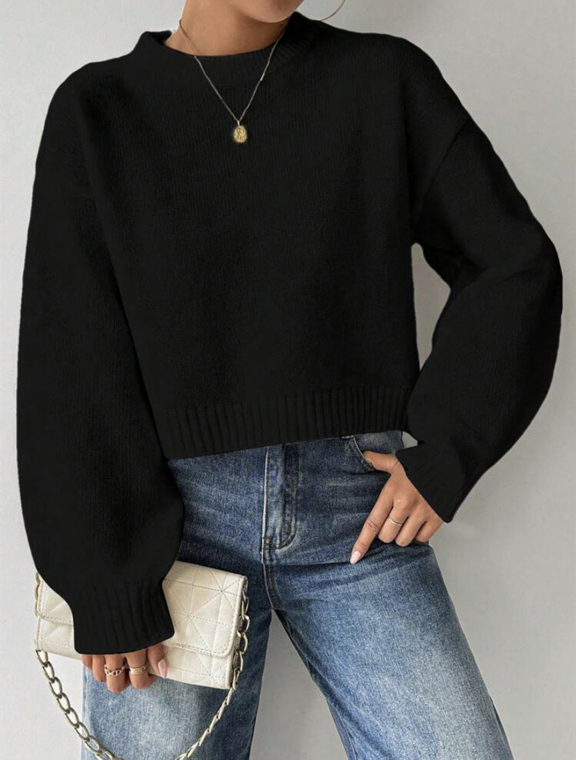 Damen Kurz-Cropped Pullover aus feinem Strick mit Ballonärmeln und geripptem Bund Shop Nory