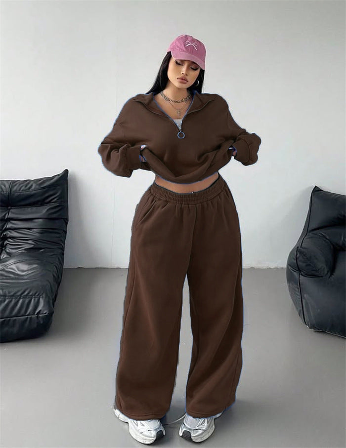 Damen Samt-Cropped-Ziphoodie und weit geschnittene High-Waist Palazzo-Jogginghose Shop Nory