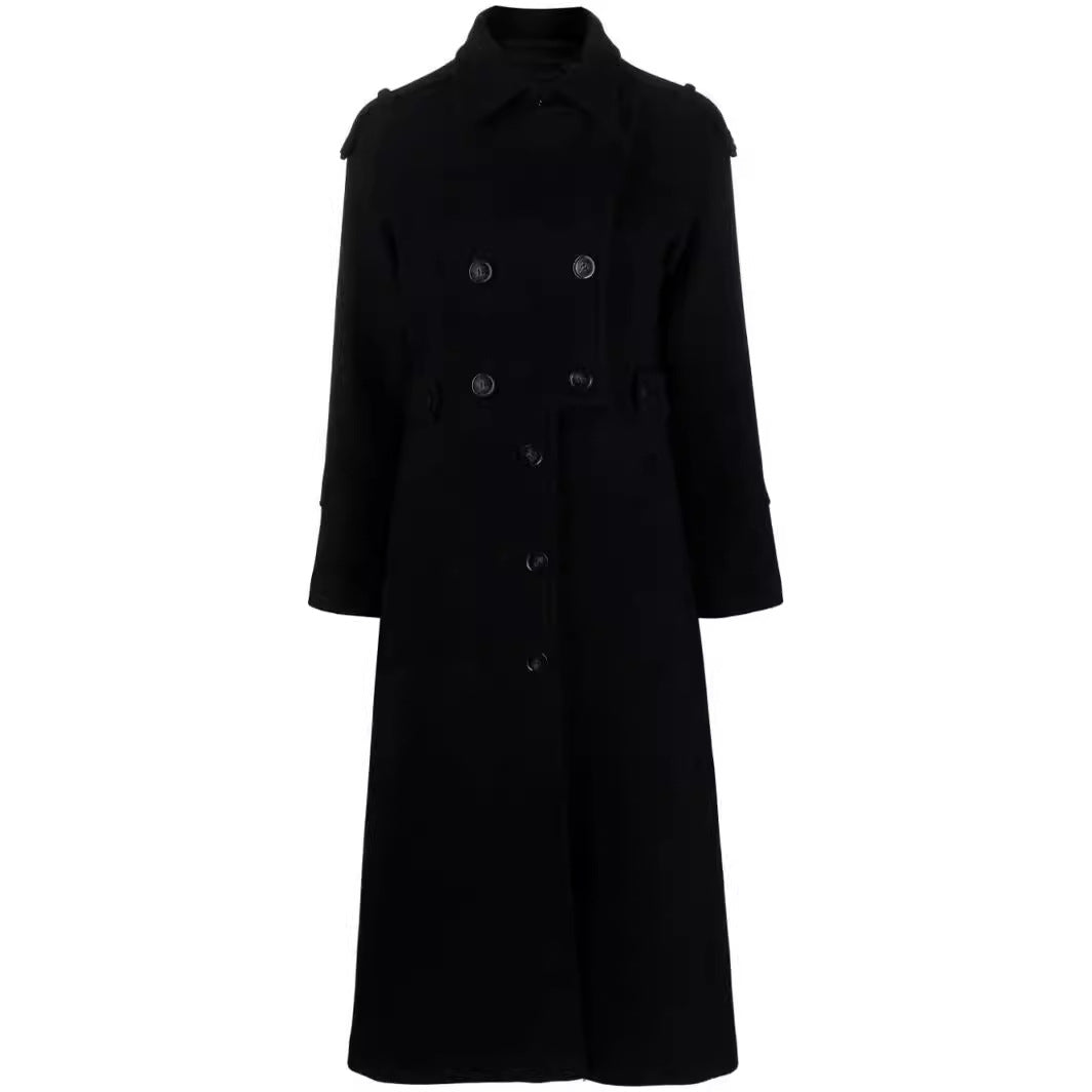 Damen Bodenlanger Doppelreihiger Trenchcoat aus Wollmix mit Schulterpatten und verdecktem Taillengürtel Shop Nory