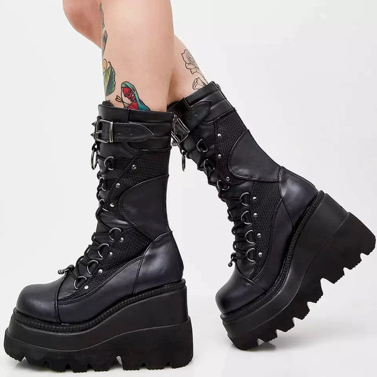 Damen Plateau-Schnürstiefel mit klobiger Lug-Sohle, Netzbesatz und verstellbaren Schnallen Shop Nory