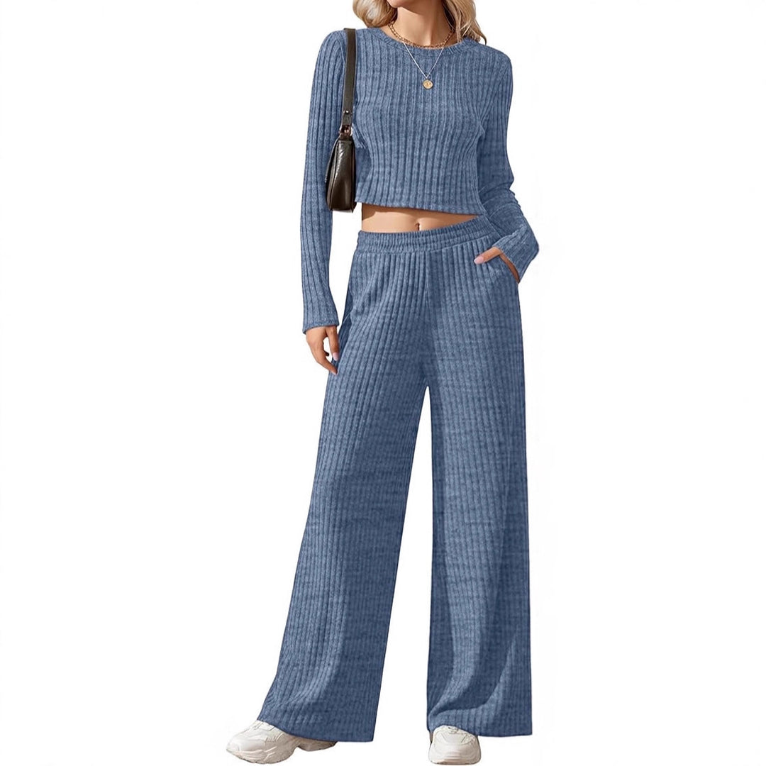 Damen Geripptes Feinstrick-Lounge-Set mit Cropped Langarmtop und High-Waist Palazzohose Shop Nory