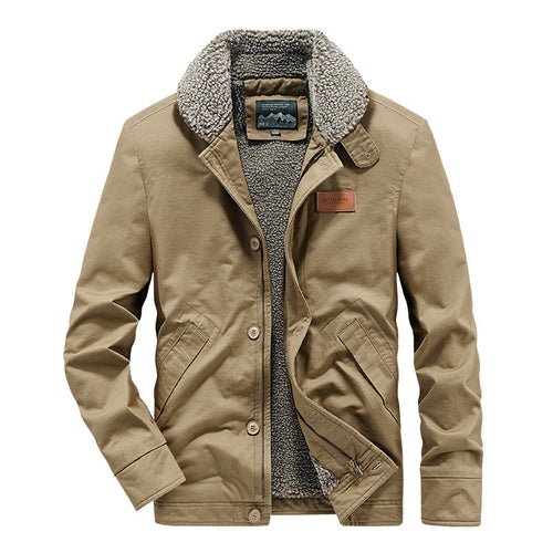 Herren kernige Canvas‑Workerjacke mit voluminösem Sherpa‑Innenfutter und hochschließendem Kragen Shop Nory