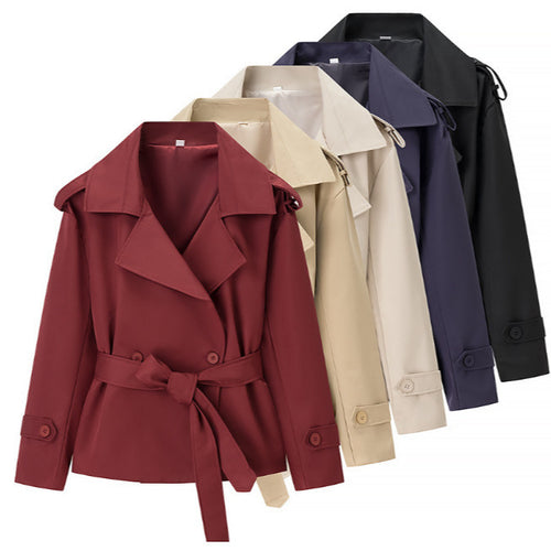 Damen Cropped-Trenchjacke mit doppelter Knopfleiste, Taillengürtel und Schulterriegeln Shop Nory