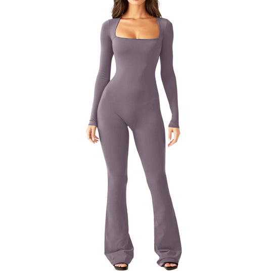 Damen figurbetontes Jumpsuit mit quadratischem Ausschnitt, langen Ärmeln und ausgestellt Bein Shop Nory