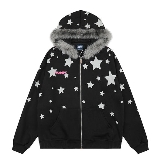 Damen Oversize Kapuzen‑Sweatjacke mit Sternen‑Allover, Kunstfellbesatz und durchgehendem Reißverschluss Shop Nory
