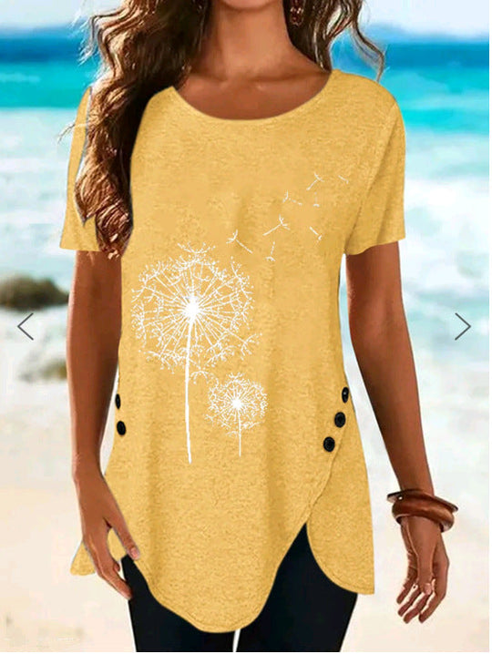 Damen Kurzarmshirt mit asymmetrischem Saum und Dandelion-Print
