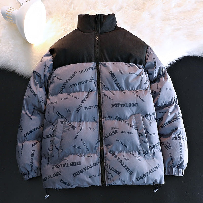 Unisex Gepolsterte Steppjacke mit Allover‑Logoprint, hohem Stehkragen & verstellbarem Saum Shop Nory