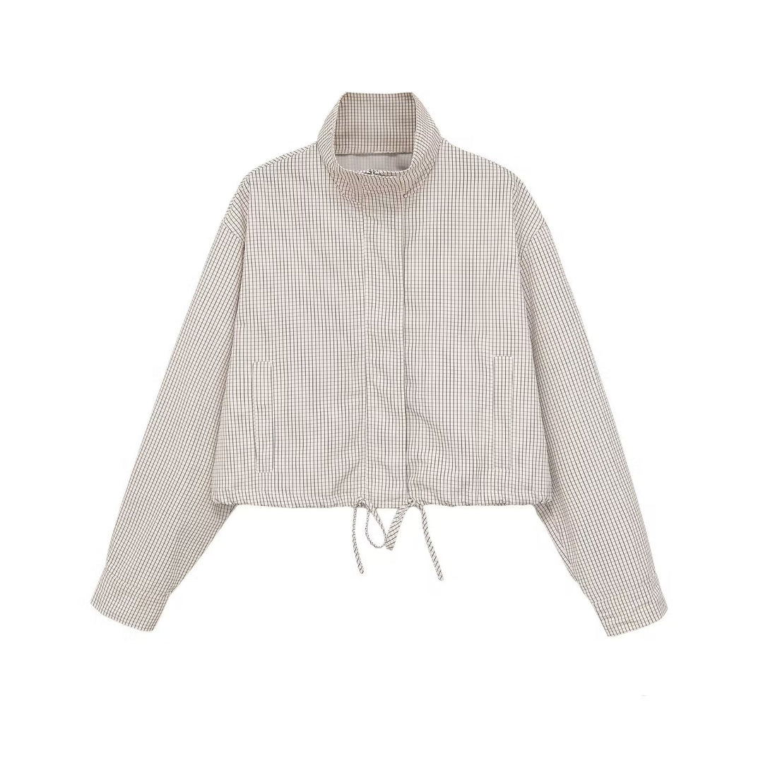 Damen Gekürzte Karierte Übergangsjacke mit hohem Kragen und Kordelzug Shop Nory