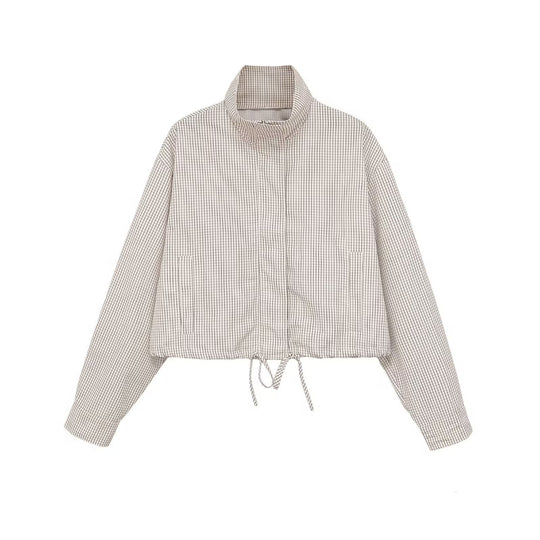 Damen Gekürzte Karierte Übergangsjacke mit hohem Kragen und Kordelzug Shop Nory