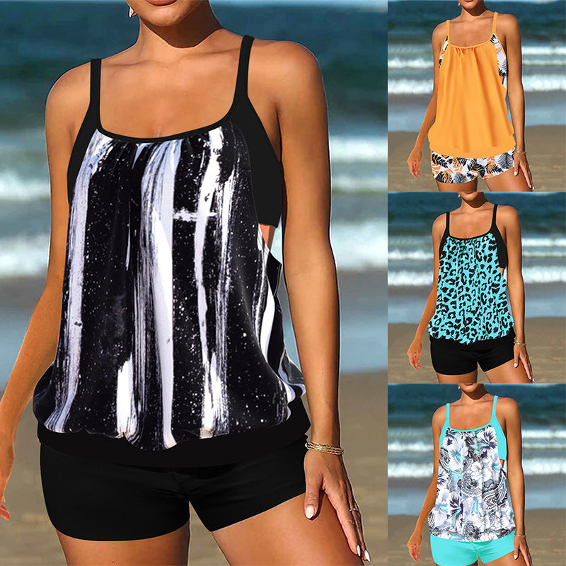Damen Tankini-Set mit modischem Leopardenmuster und fließendem Oberteil