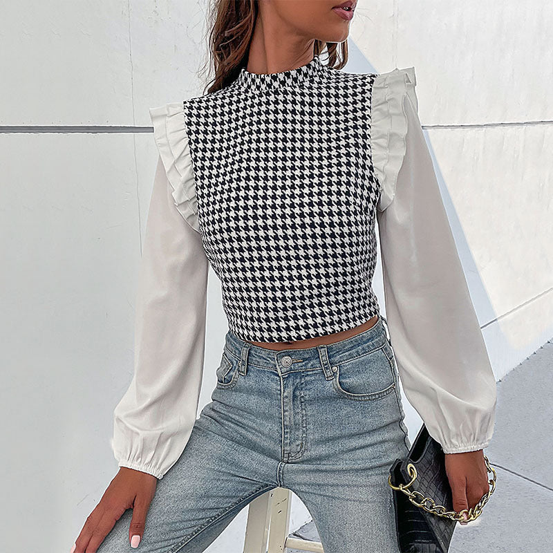 Damen Hahnentritt-Cropped-Top mit Rüschen‑Schultern und langen Chiffonärmeln Shop Nory