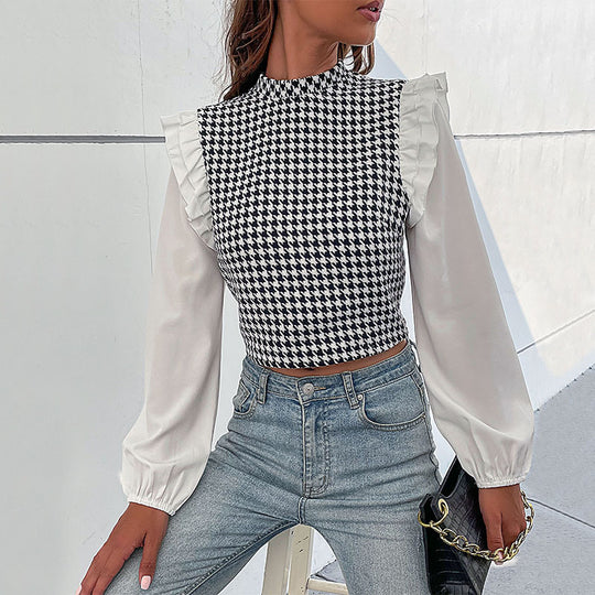 Damen Hahnentritt-Cropped-Top mit Rüschen‑Schultern und langen Chiffonärmeln Shop Nory