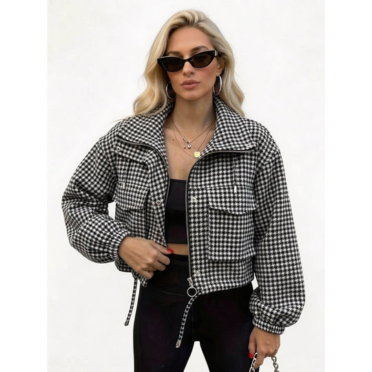 Damen Karo-Cropped-Jacke mit Stehkragen, Tunnelzug und elastischen Bündchen Shop Nory