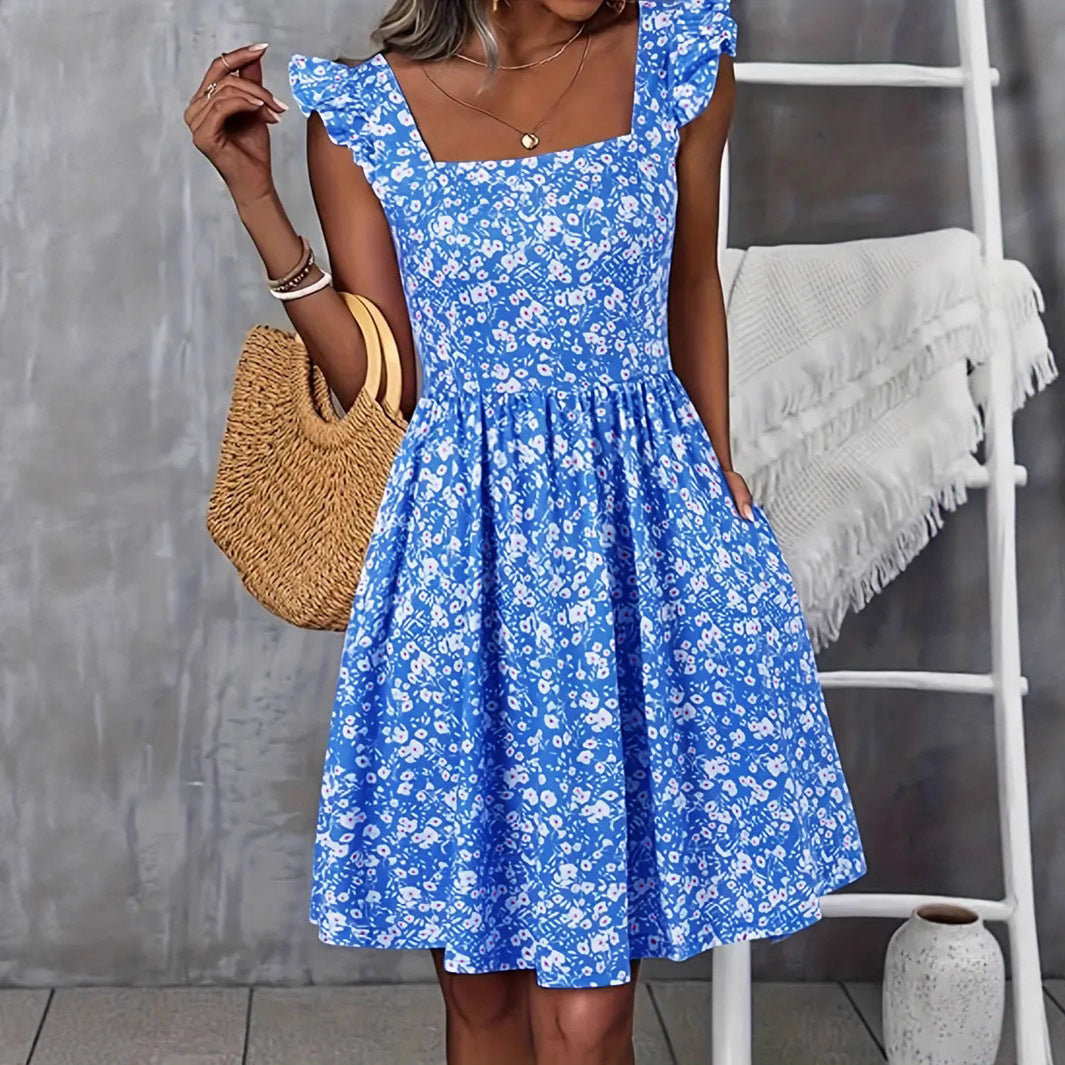 Damen Blumenkleid mit fließendem Rock und Rüschendetails