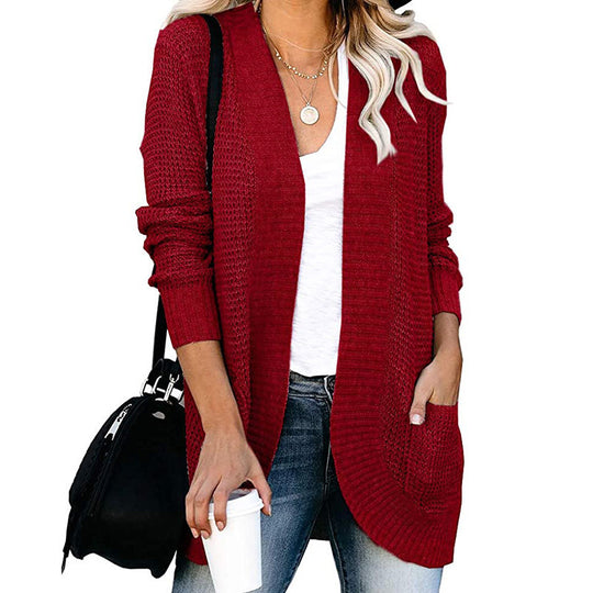 Damen Langer Offener Strickcardigan mit Taschen, Rippbündchen und strukturierter Waffeloptik Shop Nory