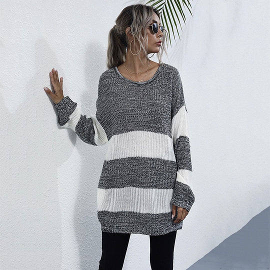 Damen Oversize Longpullover mit Blockstreifen und Rundhalsausschnitt Shop Nory