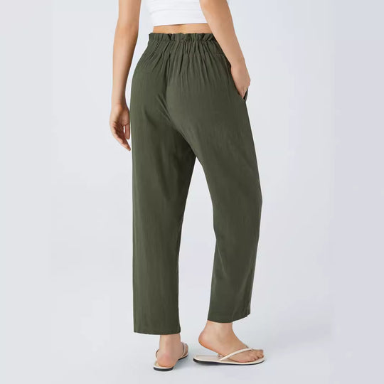 Damen Hochtaillierte Bundfalten-Leinenhose mit dekorativer Knopfleiste Shop Nory