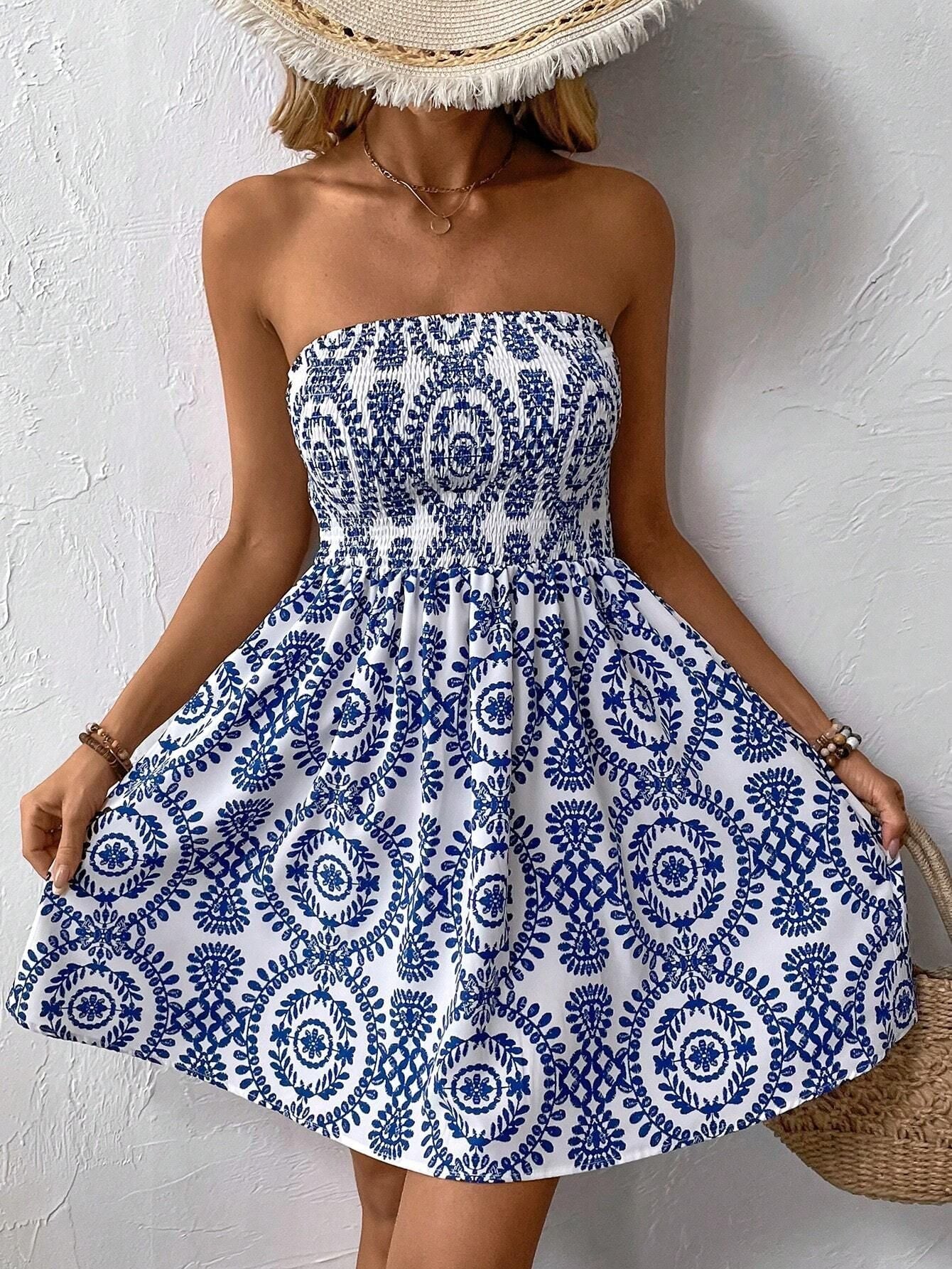 Damen Strapless Sommerkleid mit floralem Muster