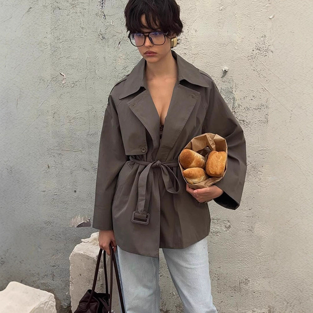 Damen Kurztrenchcoat mit Bindegürtel und Oversize-Ärmeln Shop Nory