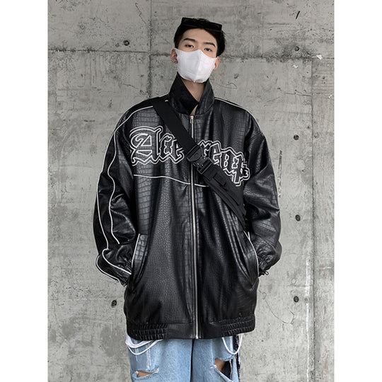 Herren Oversized Kunstlederjacke mit Krokodilprägung und Kontrastpaspel Shop Nory