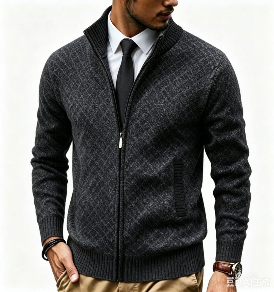 Herren Strukturierte Strickjacke mit Stehkragen und Diamant-Jacquard Shop Nory