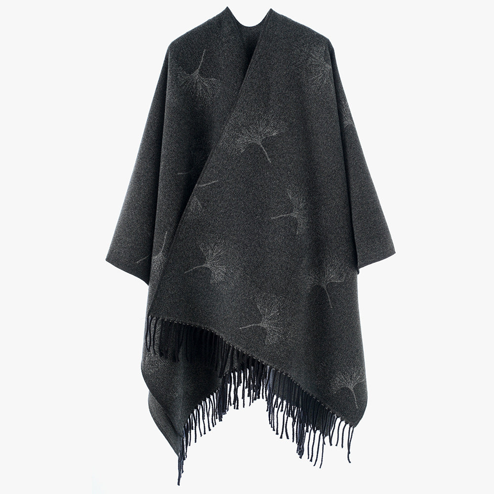 Damen Wollmix-Poncho Überwurf mit Pusteblumen-Jacquard und Fransensaum Shop Nory
