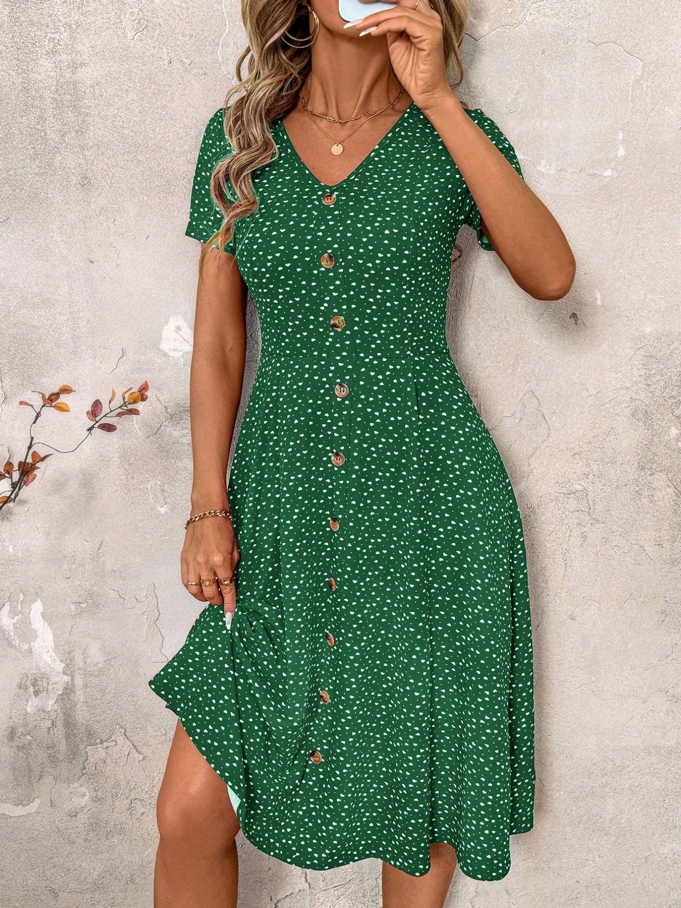 Damen Knielanges Kleid mit dekorativen Knöpfen und V-Ausschnitt