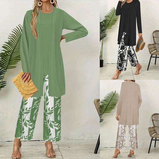 Damen Lang geschnittener offener Feinstrick-Cardigan mit geradem Saum und Palazzo-Hose im Blattprint Set Shop Nory