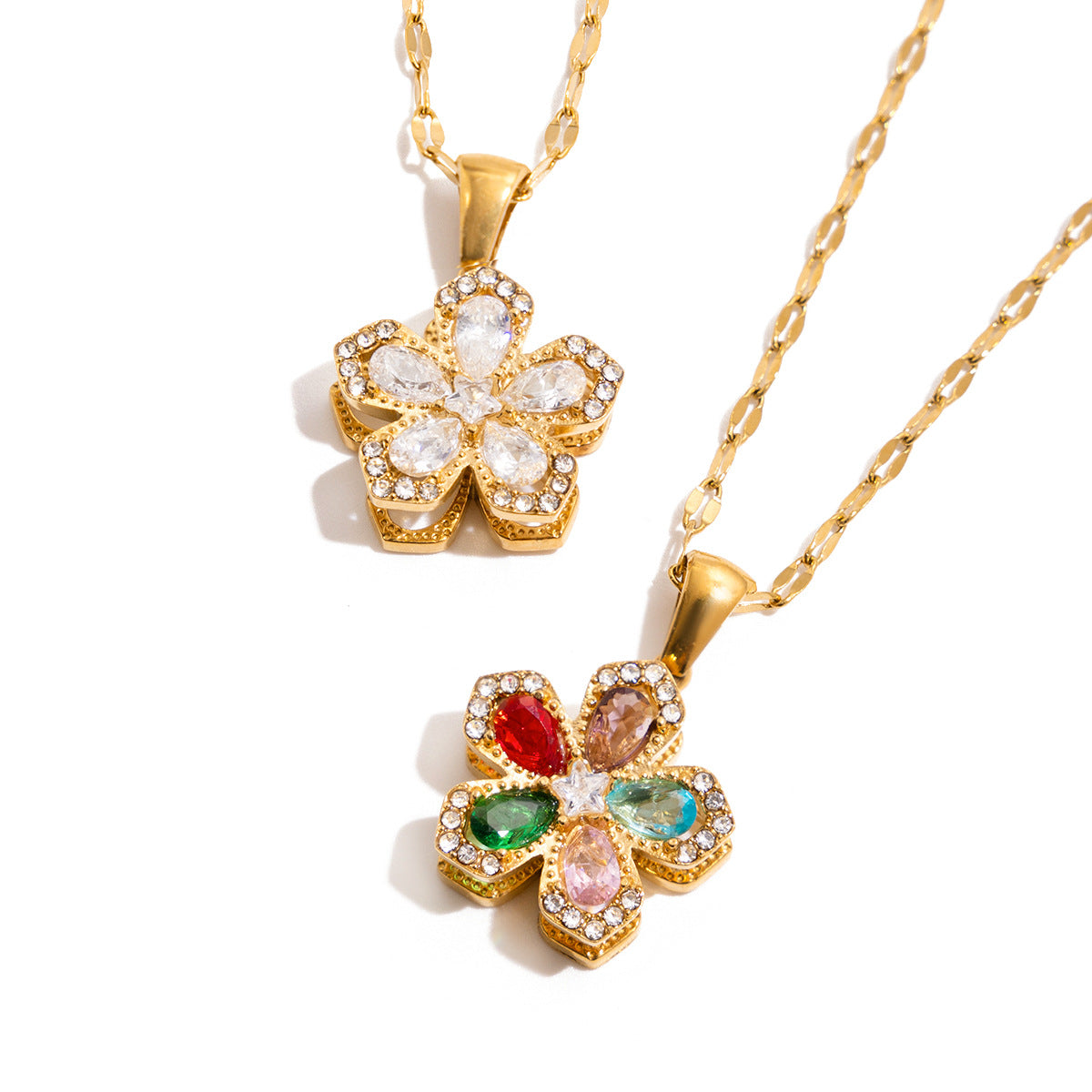 Damen Halskette mit floralen Zirkonia-Anhängern aus hypoallergenem Edelstahl Shop Nory
