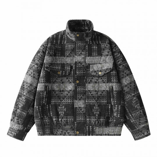 Unisex Kastenförmige Jacquard-Wolljacke im Bomberstil mit Stehkragen, Pattentaschen und elastischem Saum Shop Nory