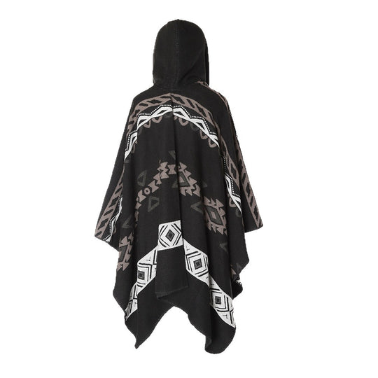Damen Kapuzenponcho im Jacquardmuster aus Wollmix mit dekorativer Kettelnaht Shop Nory