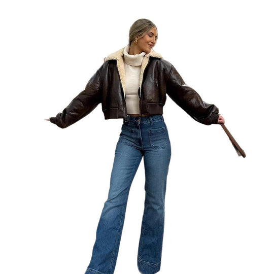 Damen Kurz geschnittene Fliegerjacke mit Teddy-Futter und Oversized-Ärmeln Shop Nory