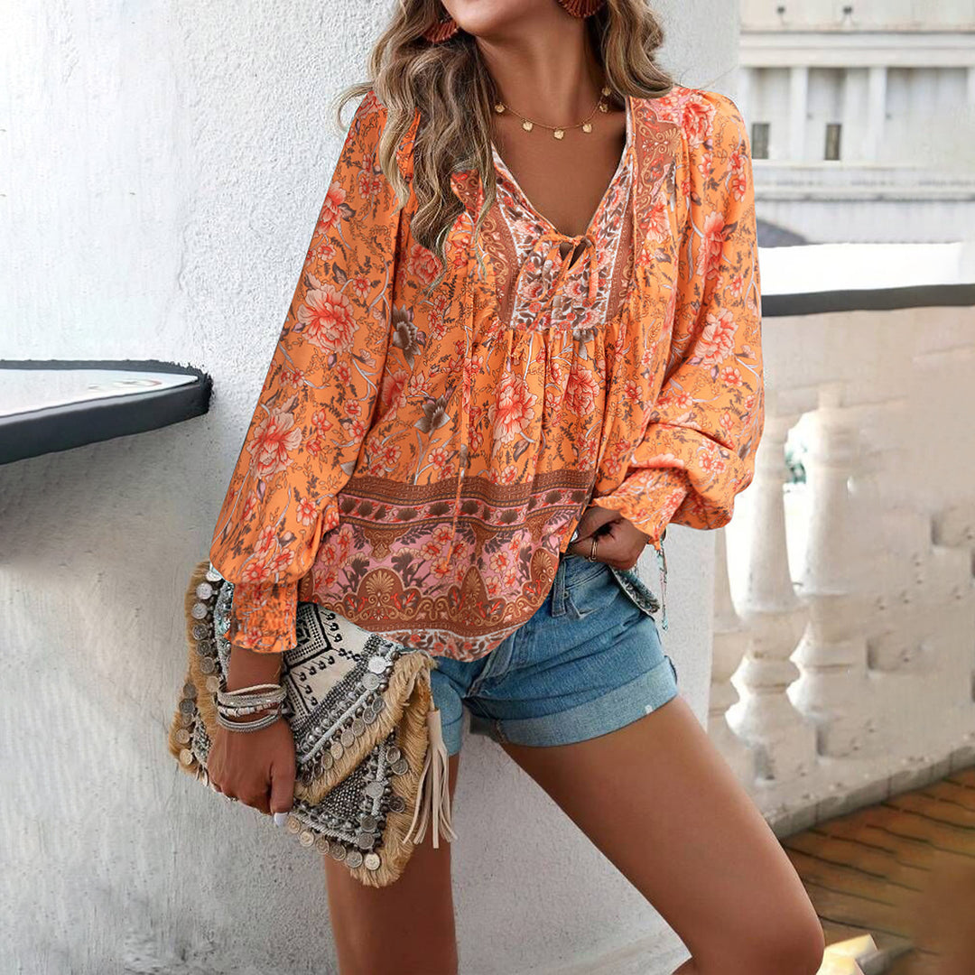 Damen nan lockere Boho-Tunika mit V-Ausschnitt Bindeband gerafften Ärmeln und floralem Muster Shop Nory