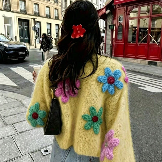 Damen Oversize Strickcardigan mit 3D‑Blütenapplikationen Shop Nory