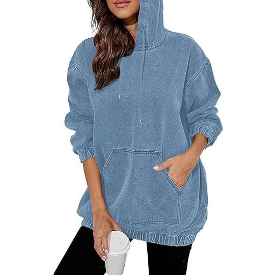 Damen Oversize Kapuzenpullover aus verwaschenem Jeansstoff mit Kängurutasche Shop Nory