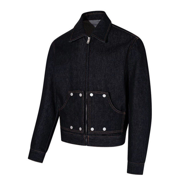 Damen Kurz geschnittene Denim-Workerjacke mit Reißverschluss, Kontrastnähten und Zierösen Shop Nory