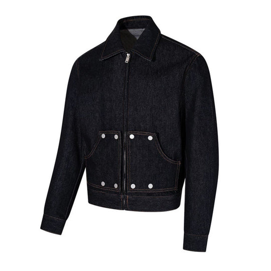 Damen Kurz geschnittene Denim-Workerjacke mit Reißverschluss, Kontrastnähten und Zierösen Shop Nory